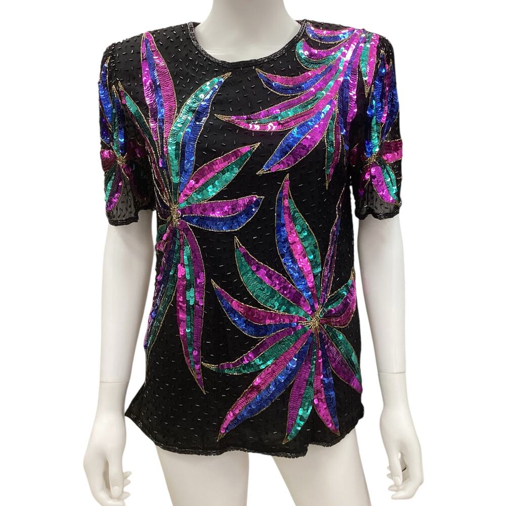 San Angelo Nights VTG Top Women’s Size Medium Beaded Silk w/ Sequins in Black